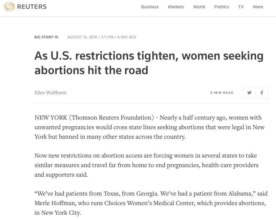 Choices Women's Medical Center's Out of Town program is featured in Thomson Reuters story published on August 15,2019.