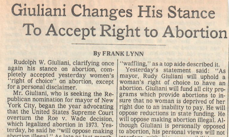 Article on Giuliani Changing His Stance to Accept Right to Abortion