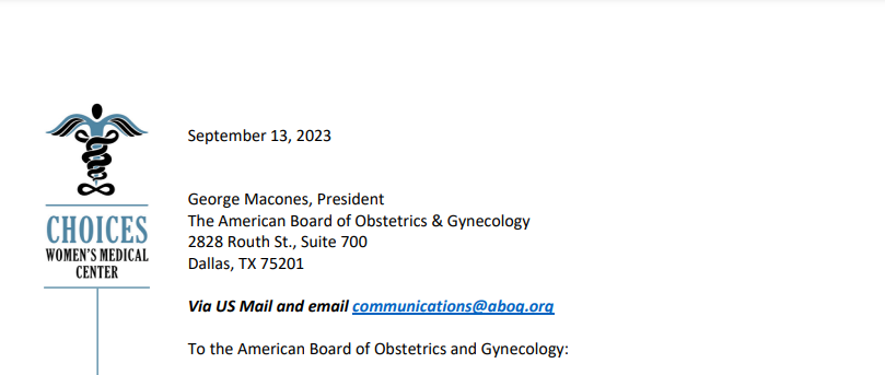 Choices Medical Letter to the American Board of Obstetrics and Gynecology